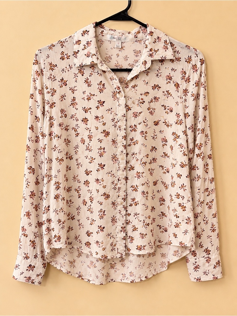 love Fire Cream Button-Down Shirt with Brown Floral Print size small